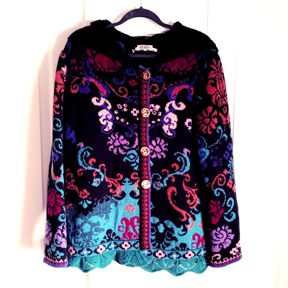 Rare! IVKO Intarsia Swing Sweater Jacket, sz 42/XL